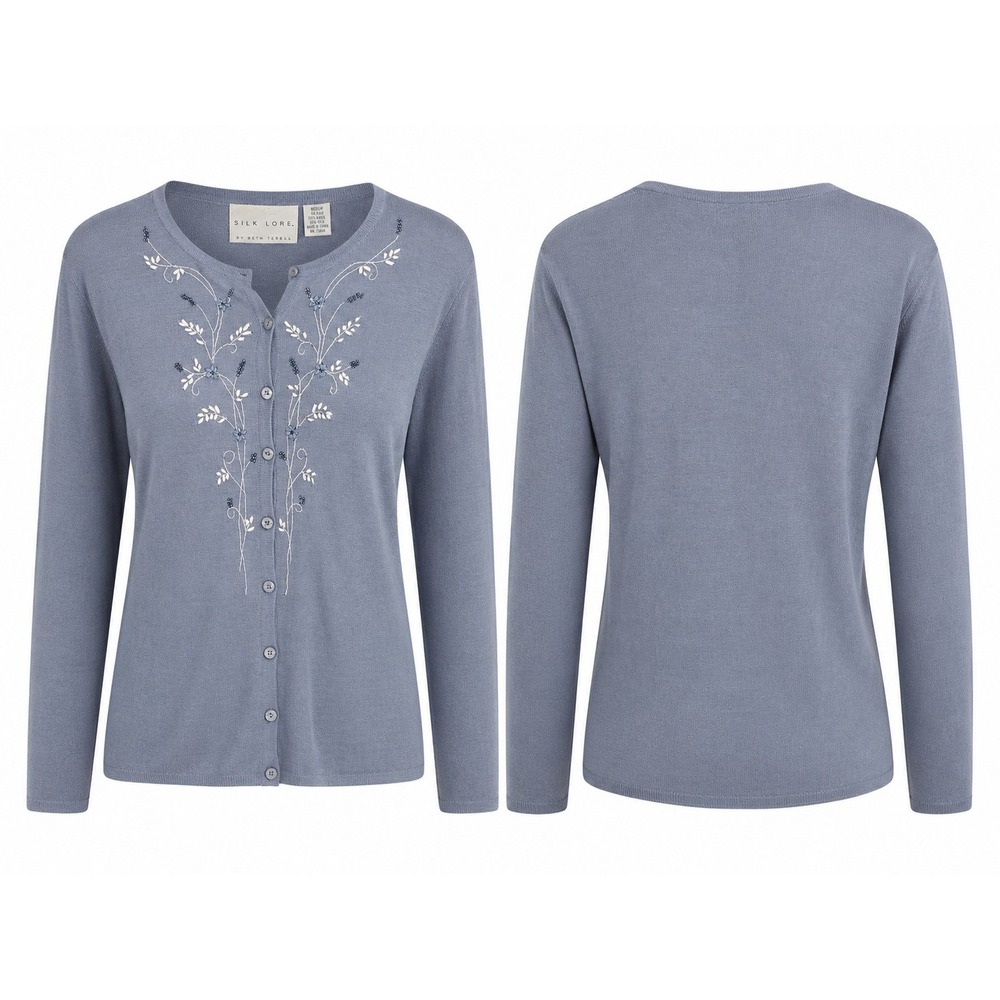 Silk Lore 100% Silk Button Sweater With Embroidery Front.  Size M. Lagonlook,...